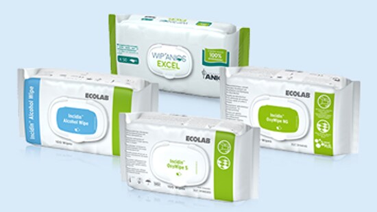 Four packages of Ecolab cleaning wipes arranged in a circle on a dark blue background, featuring various product labels and designs.