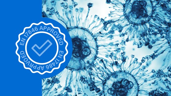 Close-up of blue virus-like structures with a circular seal labeled 'EN 1486 APPROVED' on the left.