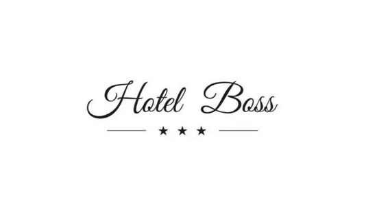 Hotel Boss logo in elegant cursive lettering with three stars centered between horizontal lines.