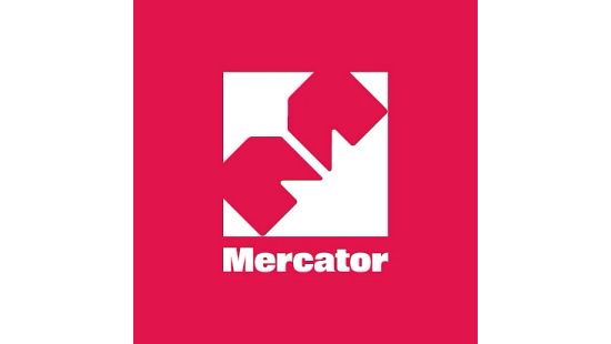 Mercator logo with white geometric arrow shapes inside a white square on a magenta background, with the word "Mercator" below in white.