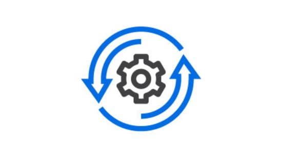 Icon of gear with arrows pointing around it.